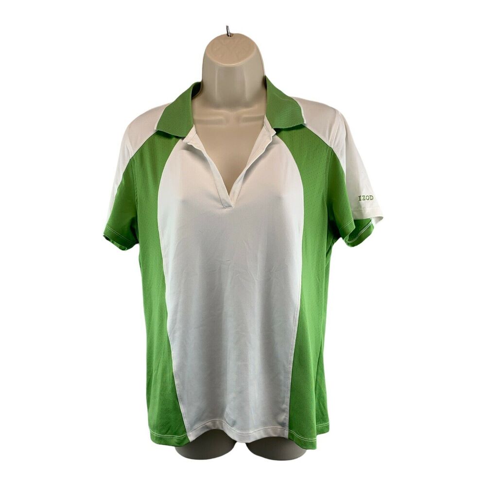 IZOD XFG Cool FX Womens Large Green/White Stretchy Golf Short Sleeve Polo Shirt